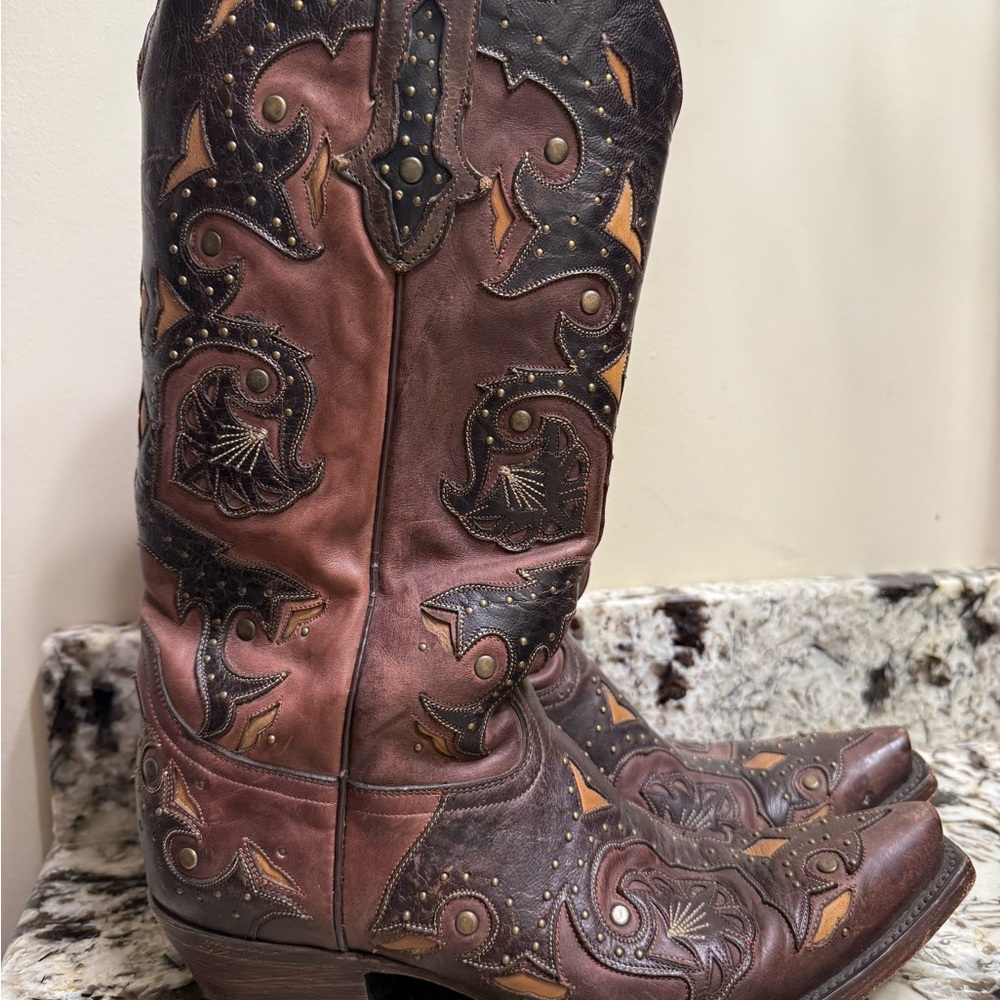 Lucchese Brown and Tan Heeled Boots - Picture 3 of 10